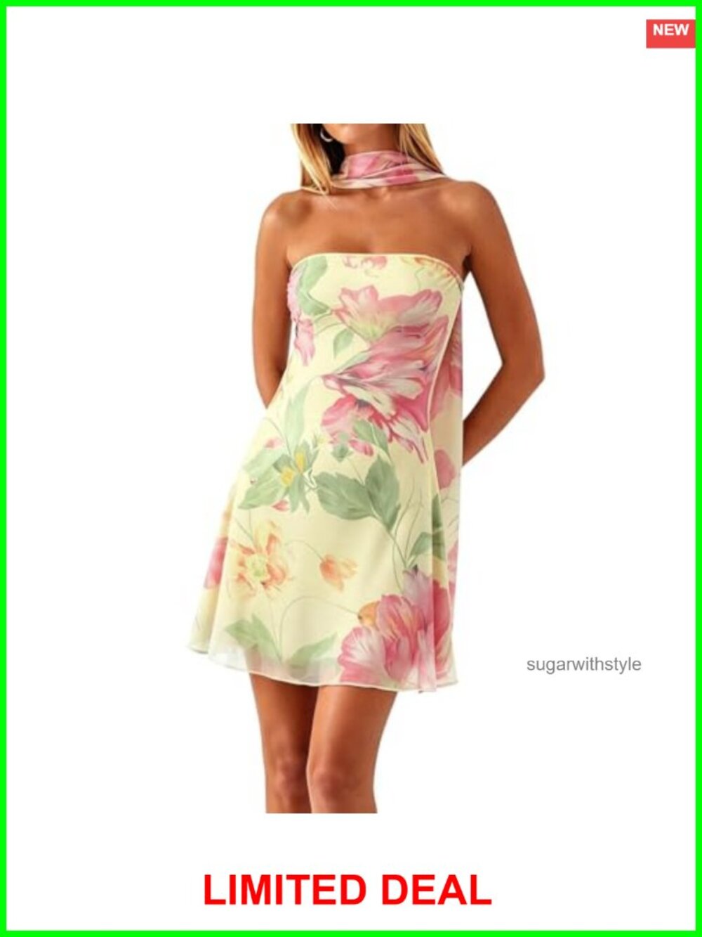 Strapless Floral Mesh Mini Dress with Scarf Wedding Guest Beach